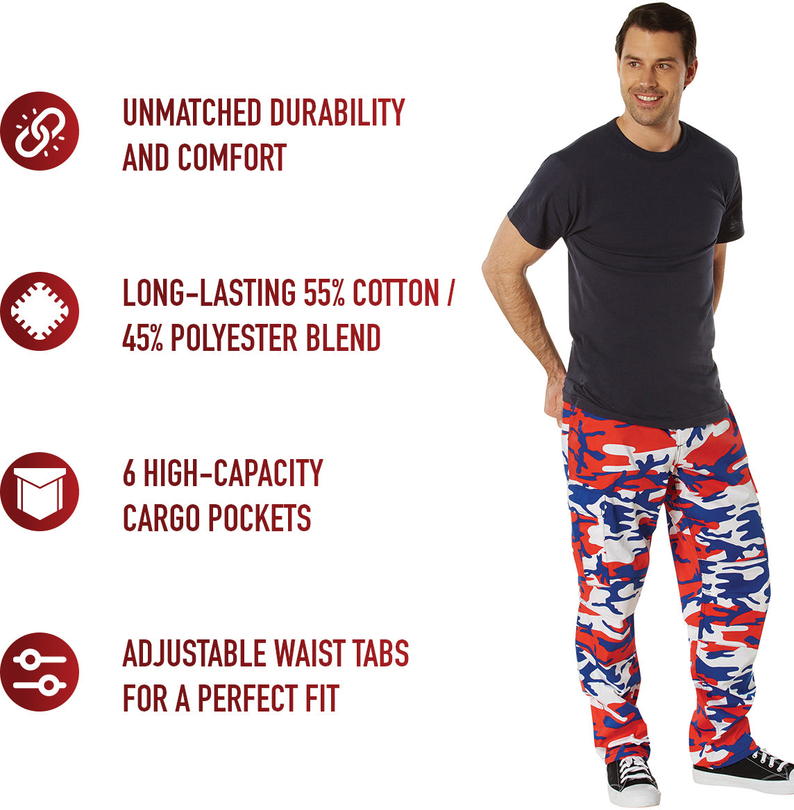 Red White & Blue Camo - Tactical BDU Pants Cargo Fatigues - Poly/Cotton Twill - Button Fly