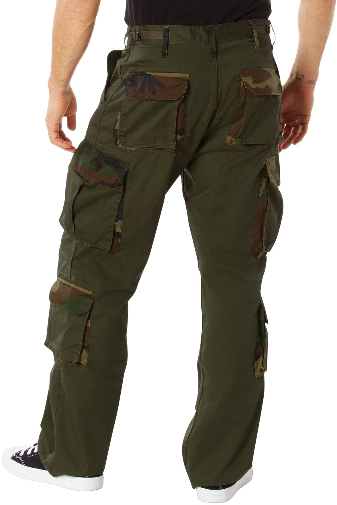 Olive Drab - Military Vintage Fatigue Pants with Woodland Camouflage Army Rigid Accent