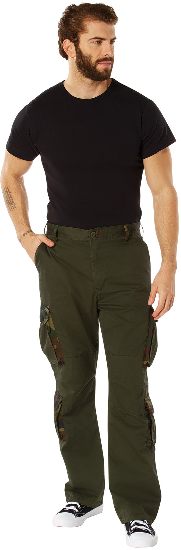 Olive Drab - Military Vintage Fatigue Pants with Woodland Camouflage Army Rigid Accent