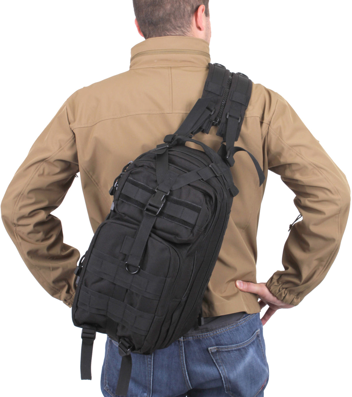 Black Tactical Cross Body Medium Transport Sling Pack - Convertible MOLLE Backpack (17" x 10" x 9")