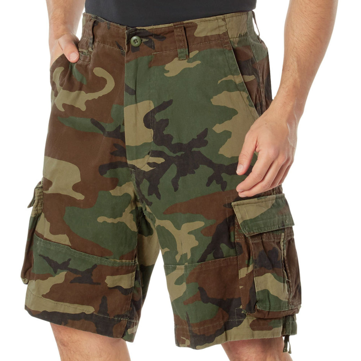 Woodland Camouflage - Vintage Infantry Utility Army BDU Cargo Shorts - Heavyweight Cotton - Zipper Fly