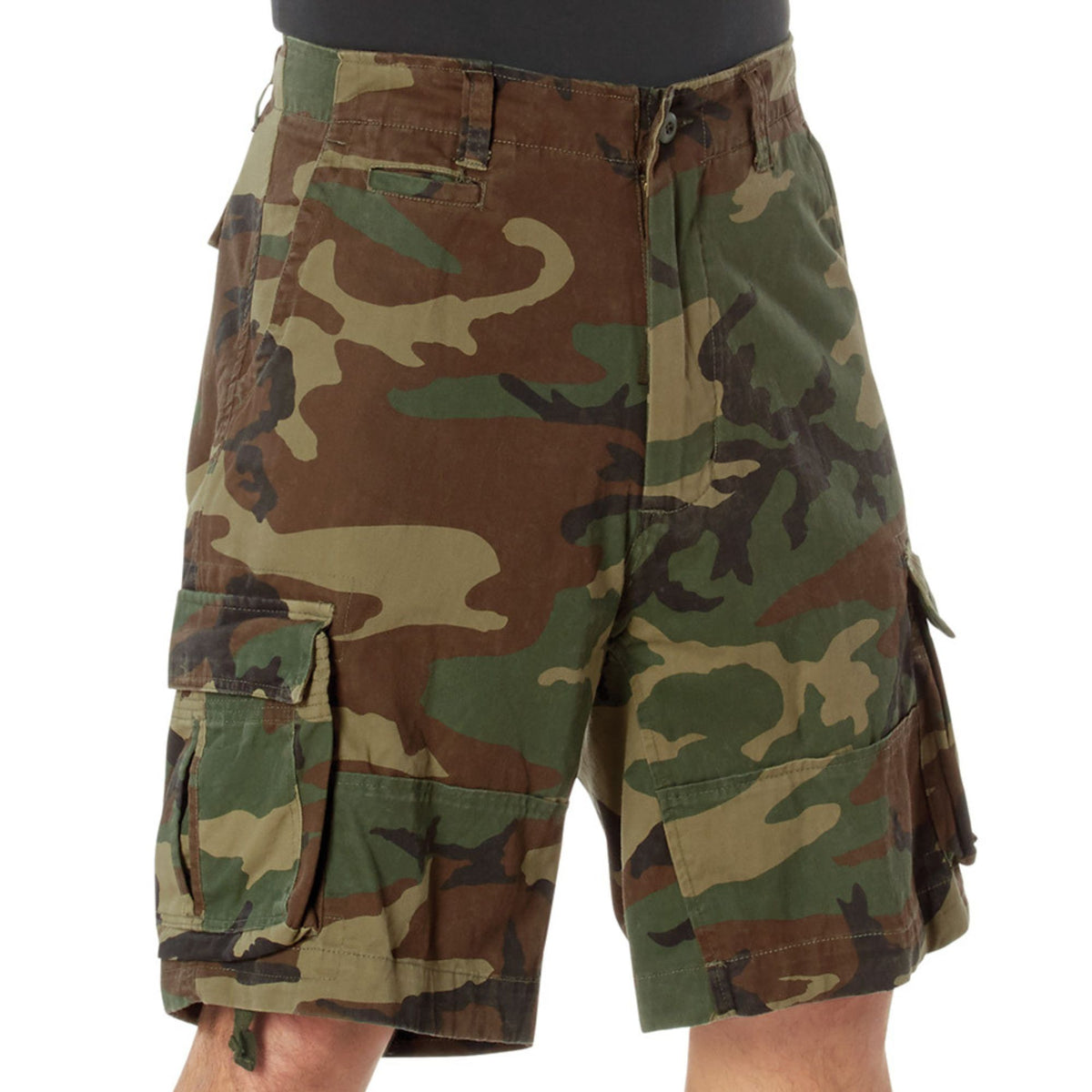 Woodland Camouflage - Vintage Infantry Utility Army BDU Cargo Shorts - Heavyweight Cotton - Zipper Fly