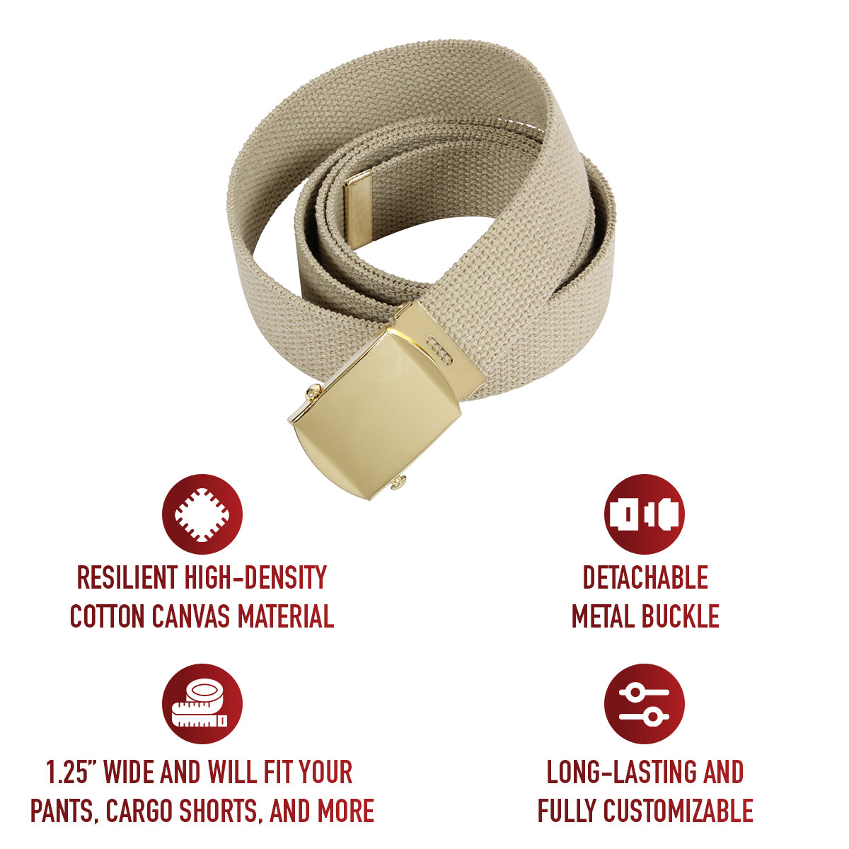 Khaki - Military Web Belt with Gold Brass Buckle