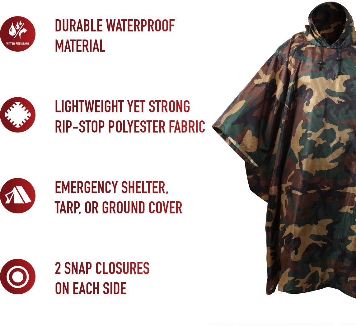 Woodland Camouflage - GI Enhanced Military Style Poncho - Polyester Ripstop
