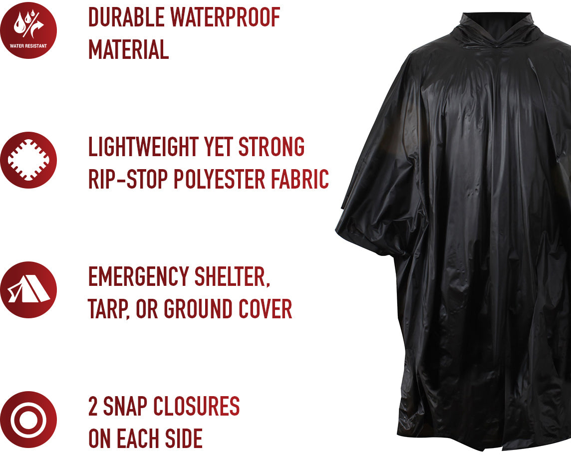 Black - GI Enhanced Military Style Poncho - Polyester Ripstop