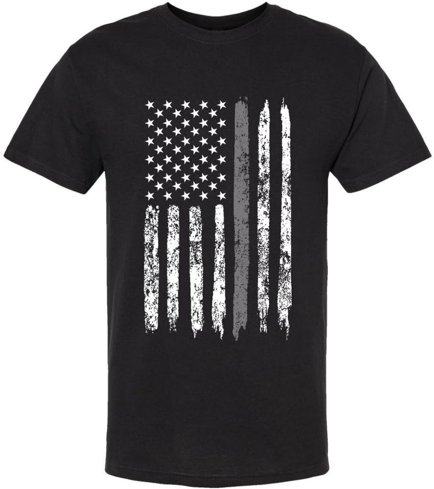 Black USA Flag Thin Line Short Sleeve T-Shirt Patriotic American Support First Responders Tee