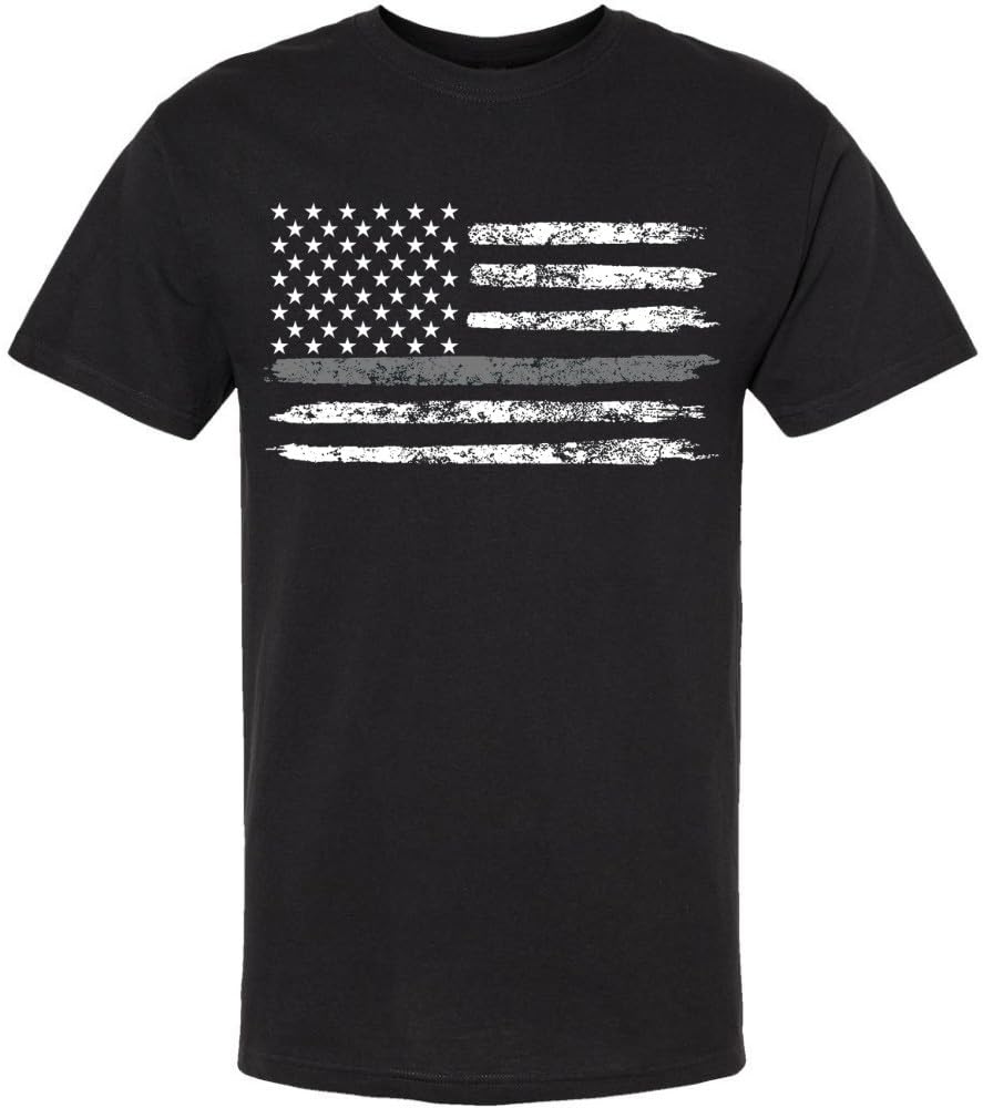 Black USA Flag Thin Line Short Sleeve T-Shirt Patriotic American Support First Responders Tee