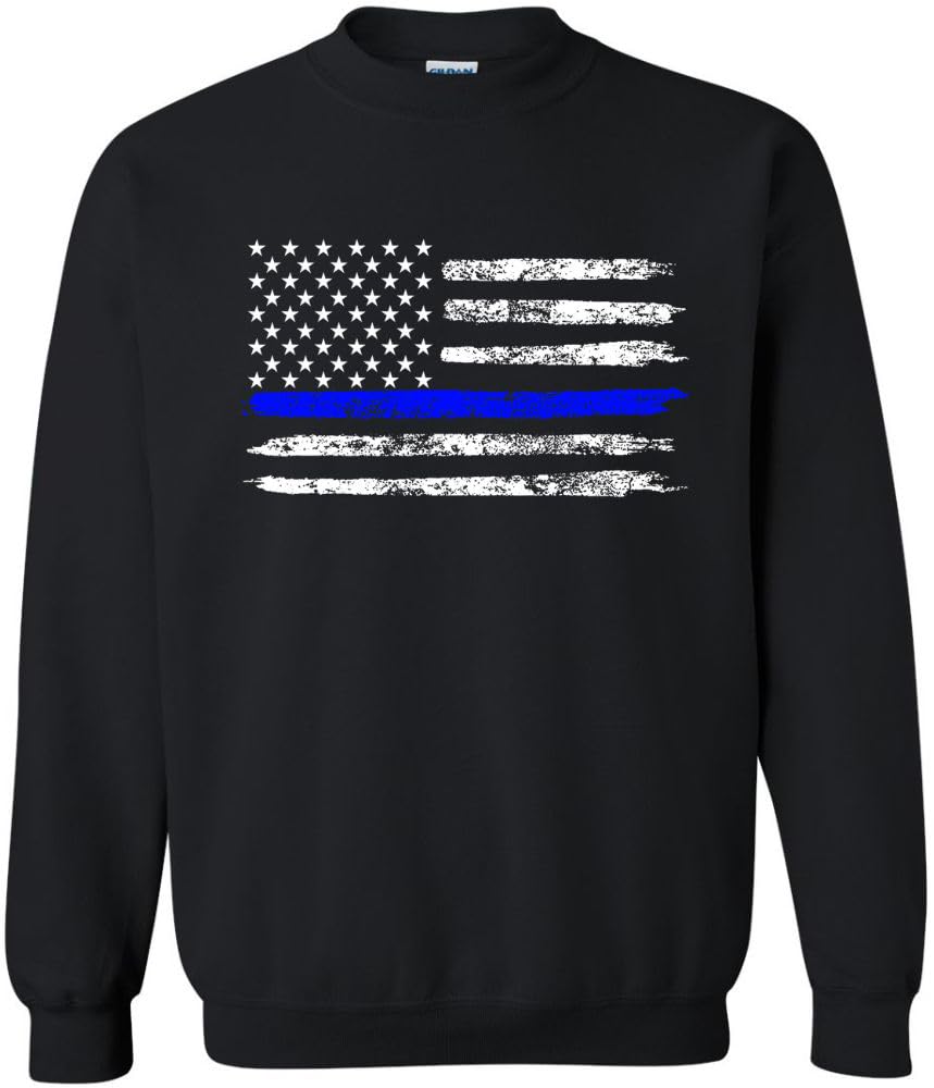 Army Universe USA Flag Distressed American US Thin Line Crewneck Sweatshirt Patriotic Pullover, Black