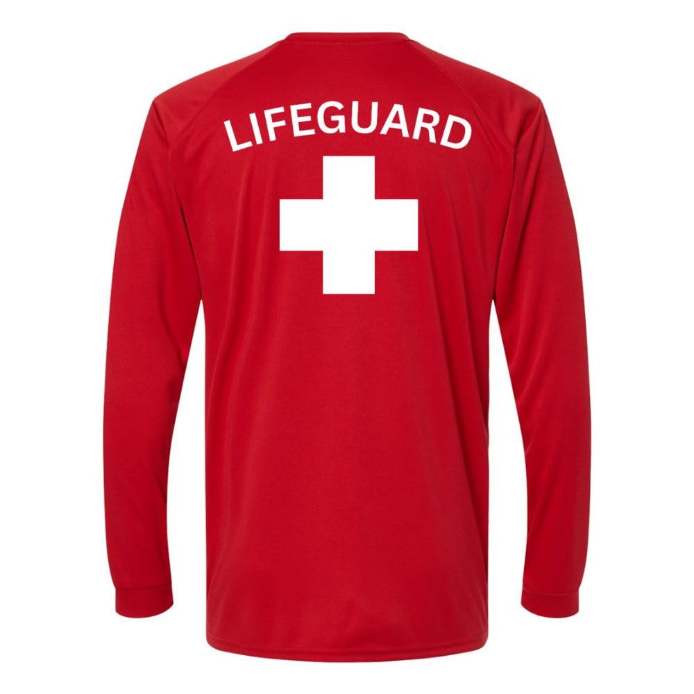 Red Lifeguard White Cross Long Sleeve T-Shirt 100% Polyester UPF Protection Unisex Crewneck Performance Shirt