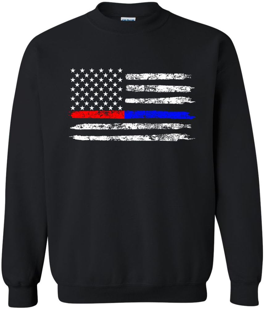Army Universe USA Flag Distressed American US Thin Line Crewneck Sweatshirt Patriotic Pullover, Black
