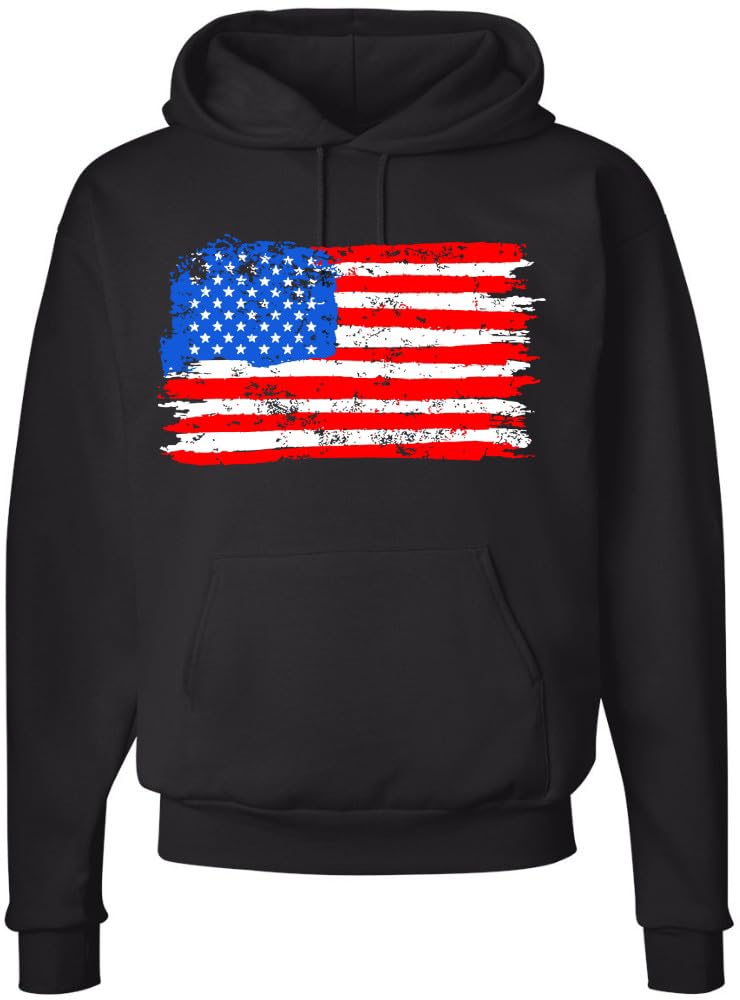 Army Universe Thin Line USA Flag Distressed American US Hooded Sweatshirt Patriotic Pullover Hoodie, Black