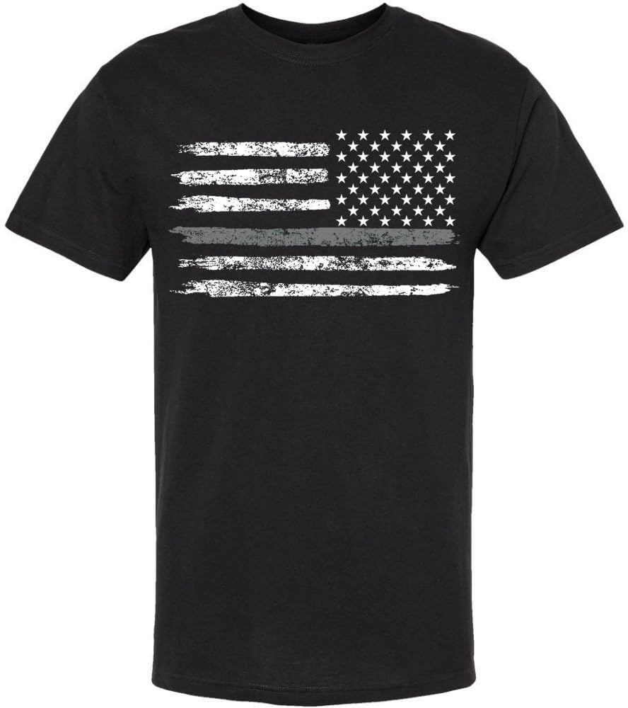 Black USA Flag Thin Line Short Sleeve T-Shirt Patriotic American Support First Responders Tee
