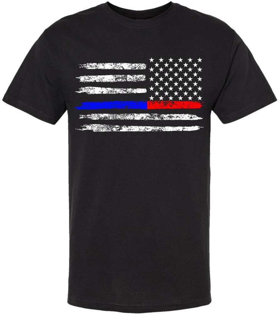 Black USA Flag Thin Line Short Sleeve T-Shirt Patriotic American Support First Responders Tee