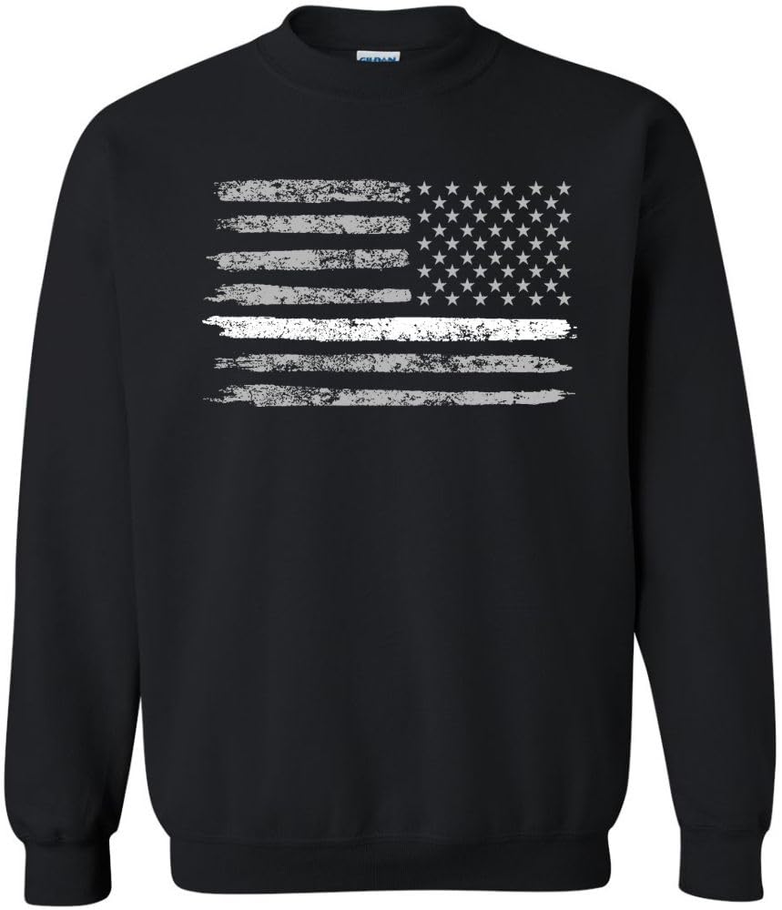 Army Universe USA Flag Distressed American US Thin Line Crewneck Sweatshirt Patriotic Pullover, Black