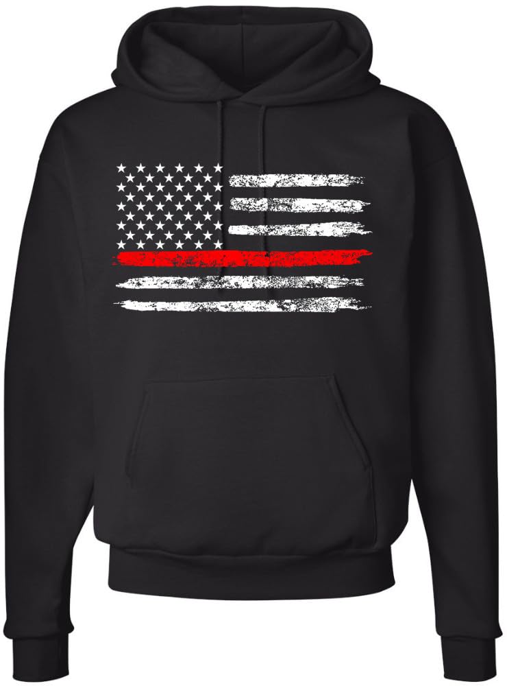 Army Universe Thin Line USA Flag Distressed American US Hooded Sweatshirt Patriotic Pullover Hoodie, Black
