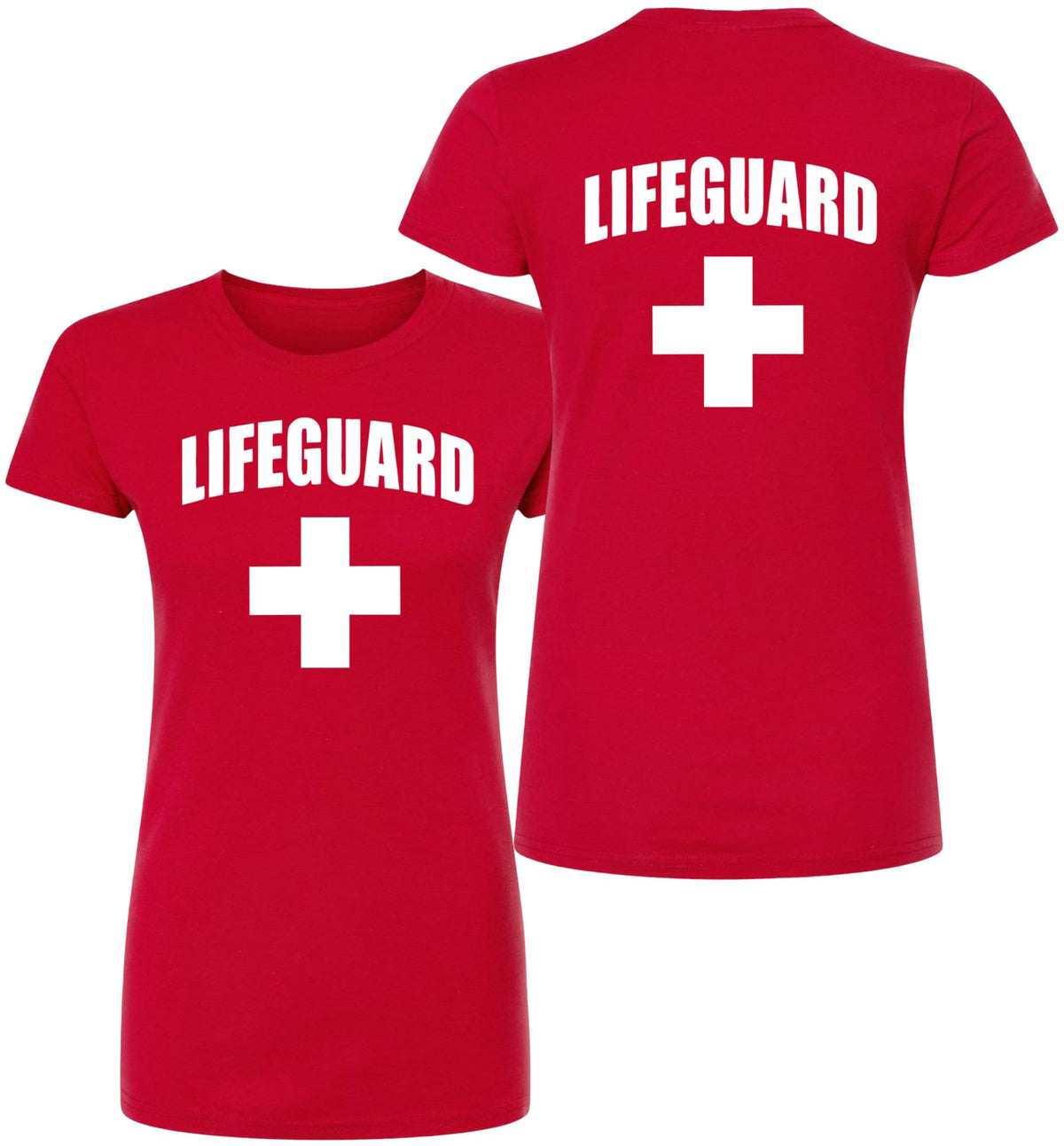 Women's Lifeguard + White Cross T-Shirt | Slim Fit 100% Cotton Life Guard Watch Duty Tee Shirt, Red