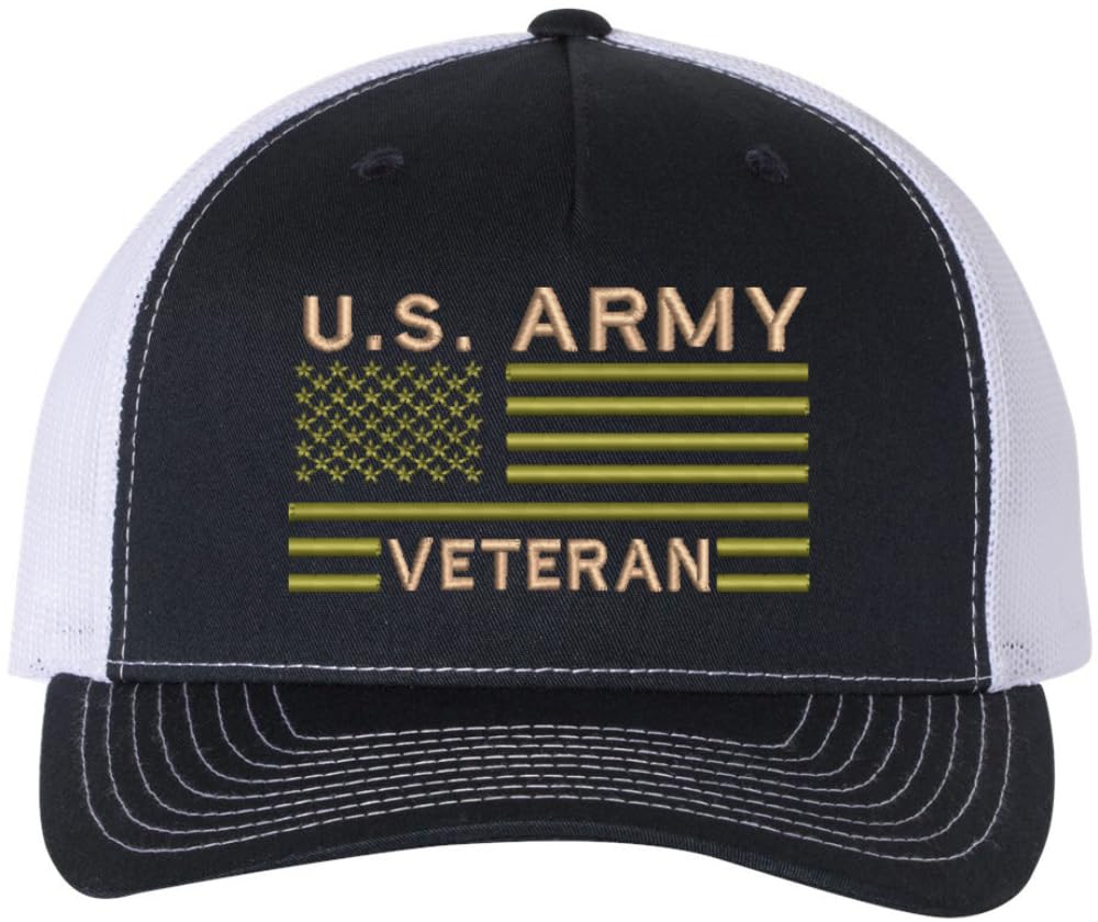 US Army Veteran USA Flag Embroidered Trucker Hat | Structured Mesh Back Military Vet Snap Back Baseball Cap