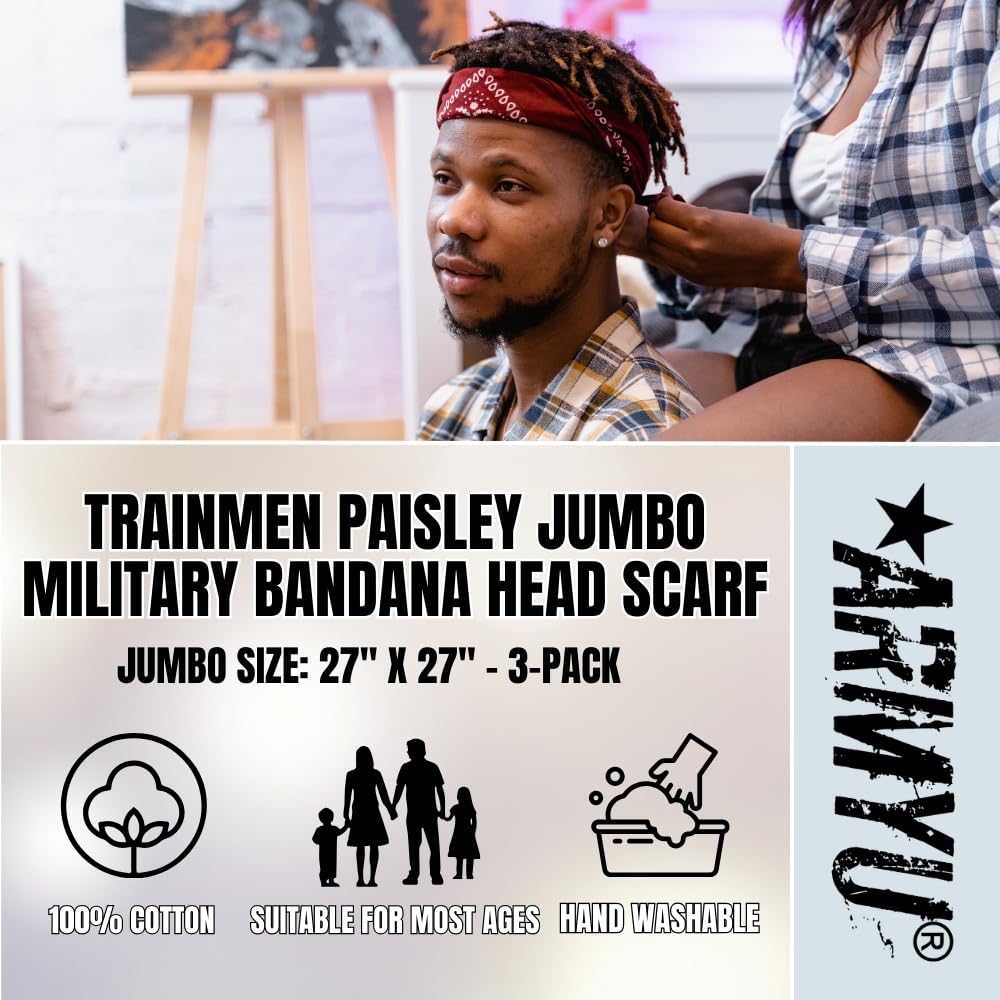 Trainmen Paisley 27" Jumbo Military Bandana Head Scarf Do-rag 100% Cotton Bandanna Face Cover 3-Pack
