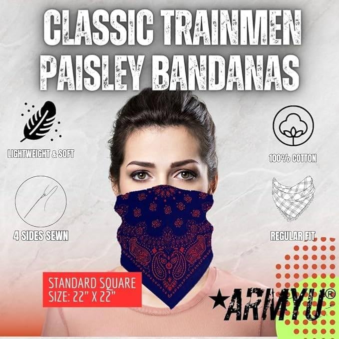 Trainmen Paisley Bandana Head Scarf Do-rag 100% Cotton Bandanna Cover 22" x 22", 2 Pack