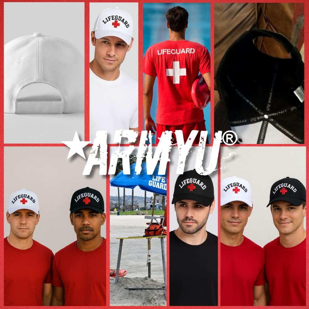 LIFEGUARD + CROSS Baseball Hat | Structured Life Guard Red White Cross Beach Rescue Watch Pool Safety Duty Uniform Cap