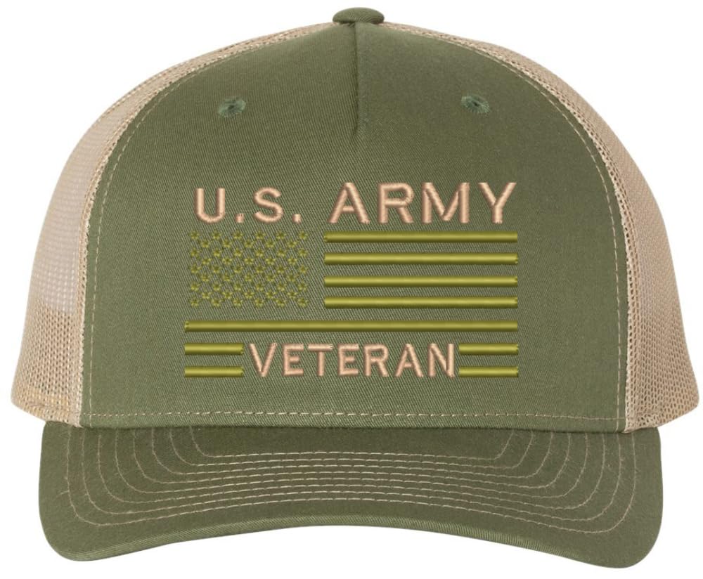 US Army Veteran USA Flag Embroidered Trucker Hat | Structured Mesh Back Military Vet Snap Back Baseball Cap
