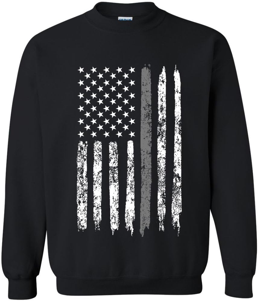 Army Universe USA Flag Distressed American US Thin Line Crewneck Sweatshirt Patriotic Pullover, Black