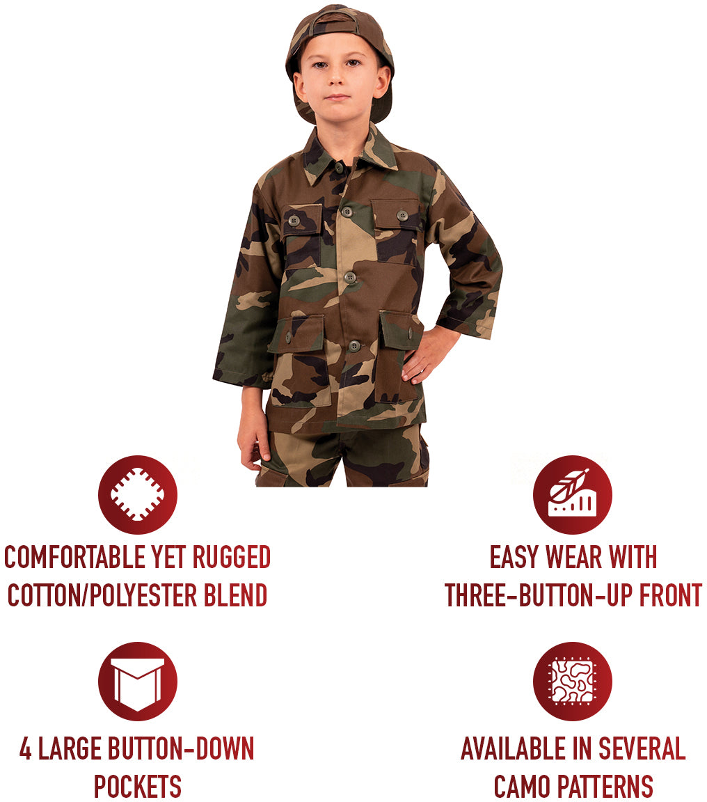 Woodland Camouflage - Kids Military BDU Shirt - Polyester Cotton
