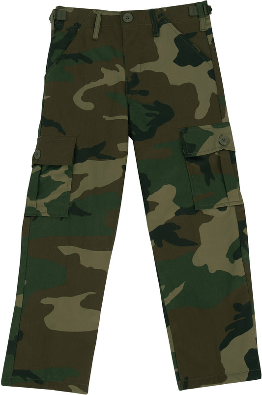 Woodland Camouflage - Tactical BDU Cargo Pants - Poly/Cotton Twill - Zipper Fly - Kids