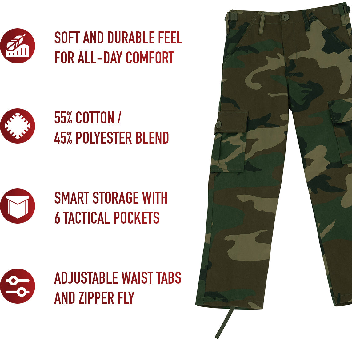 Woodland Camouflage - Tactical BDU Cargo Pants - Poly/Cotton Twill - Zipper Fly - Kids