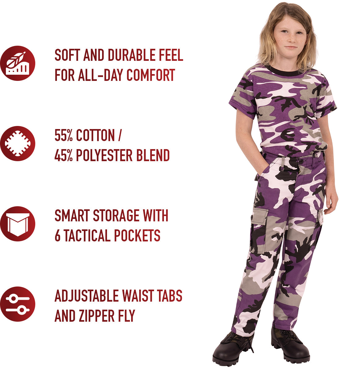 Ultra Violet Camouflage - Tactical BDU Cargo Pants - Poly/Cotton Twill - Zipper Fly - Kids