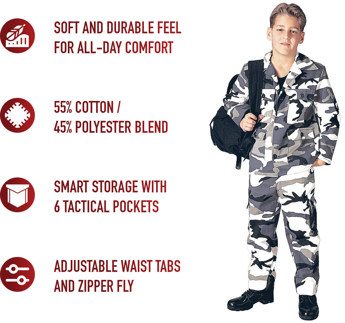 City Camouflage - Tactical BDU Cargo Pants - Poly/Cotton Twill - Zipper Fly - Kids