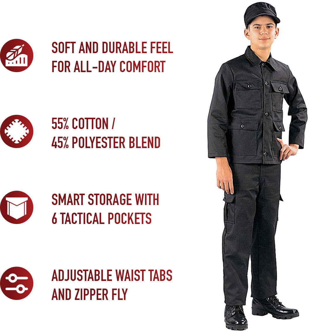 Black - Tactical BDU Cargo Pants - Poly/Cotton Twill - Zipper Fly - Kids