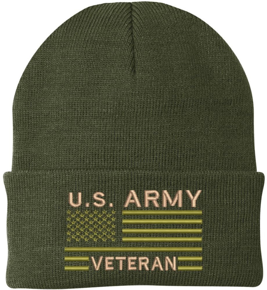 US Army Veteran USA Flag Embroidered Beanie Hat | Warm Knit USA Military Vet Acrylic Watch Cap