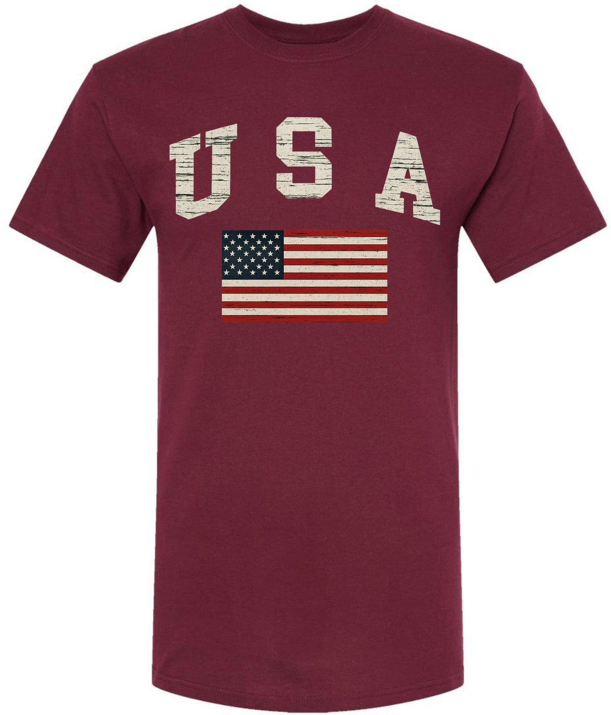 USA Text with US Red White Blue Flag T-Shirt | US Patriotic Distressed Print Tee | 100% Cotton Crewneck