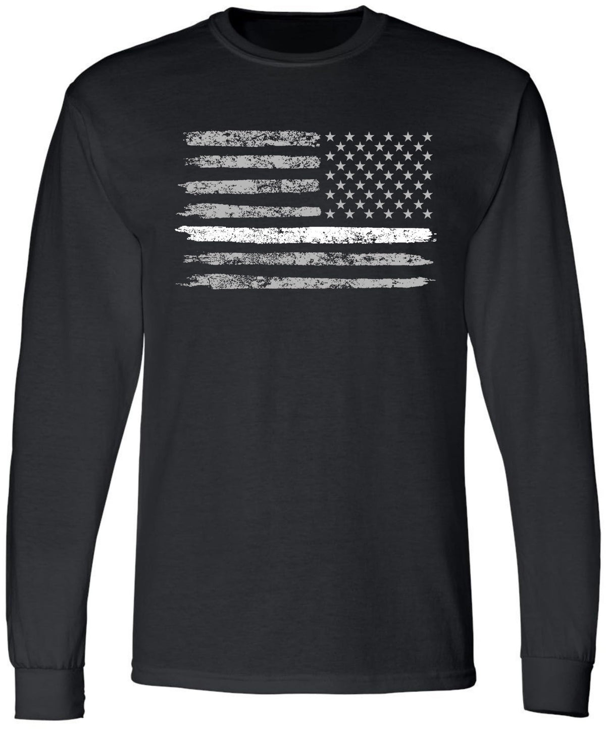 Black USA Flag Thin Line Long Sleeve T-Shirt Patriotic American Support First Responders Tee