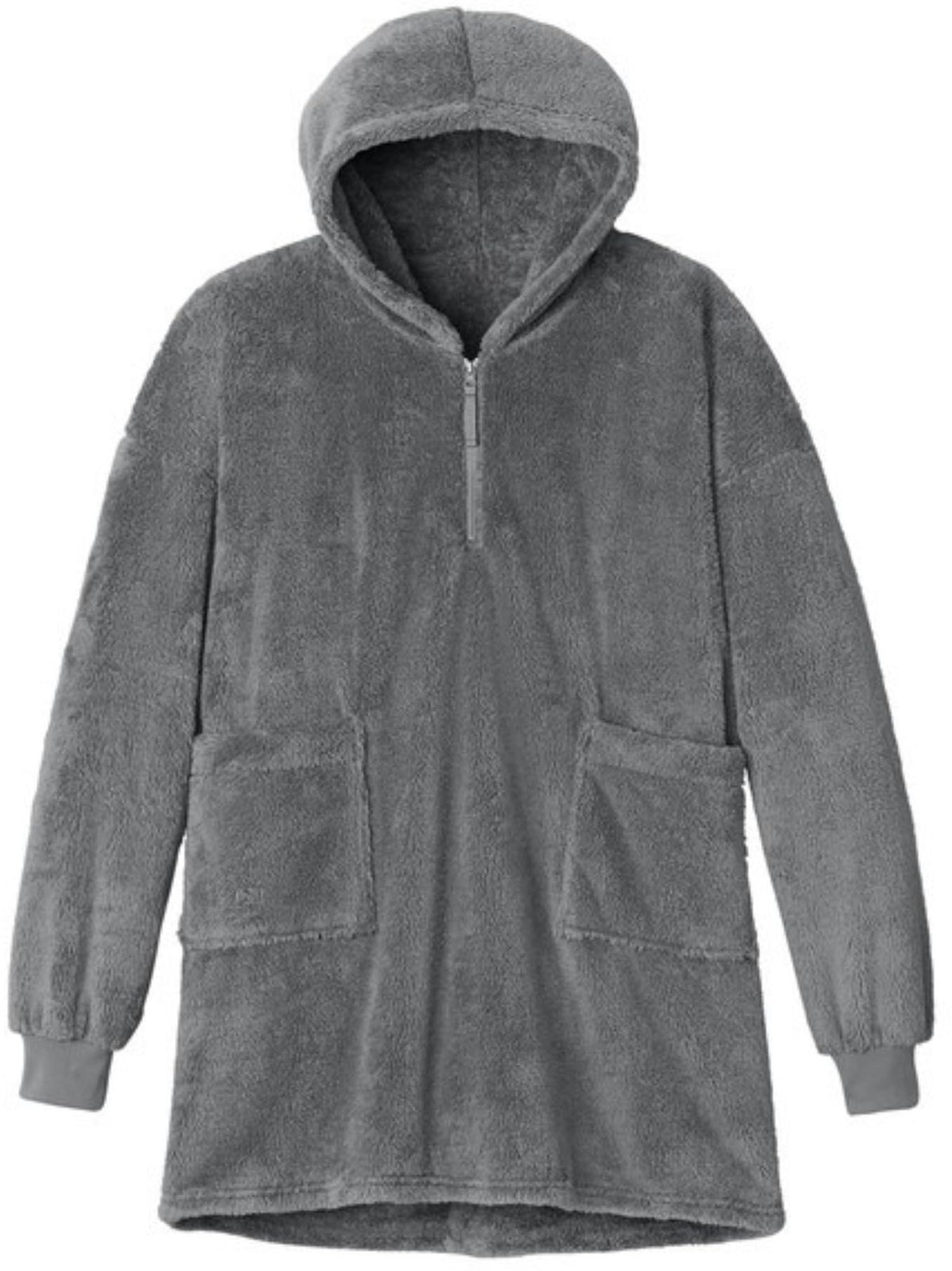 Oversized Plush Fleece Poncho for Women Sherpa Style 1/2 Zip Hooded Popover 100% Polyester