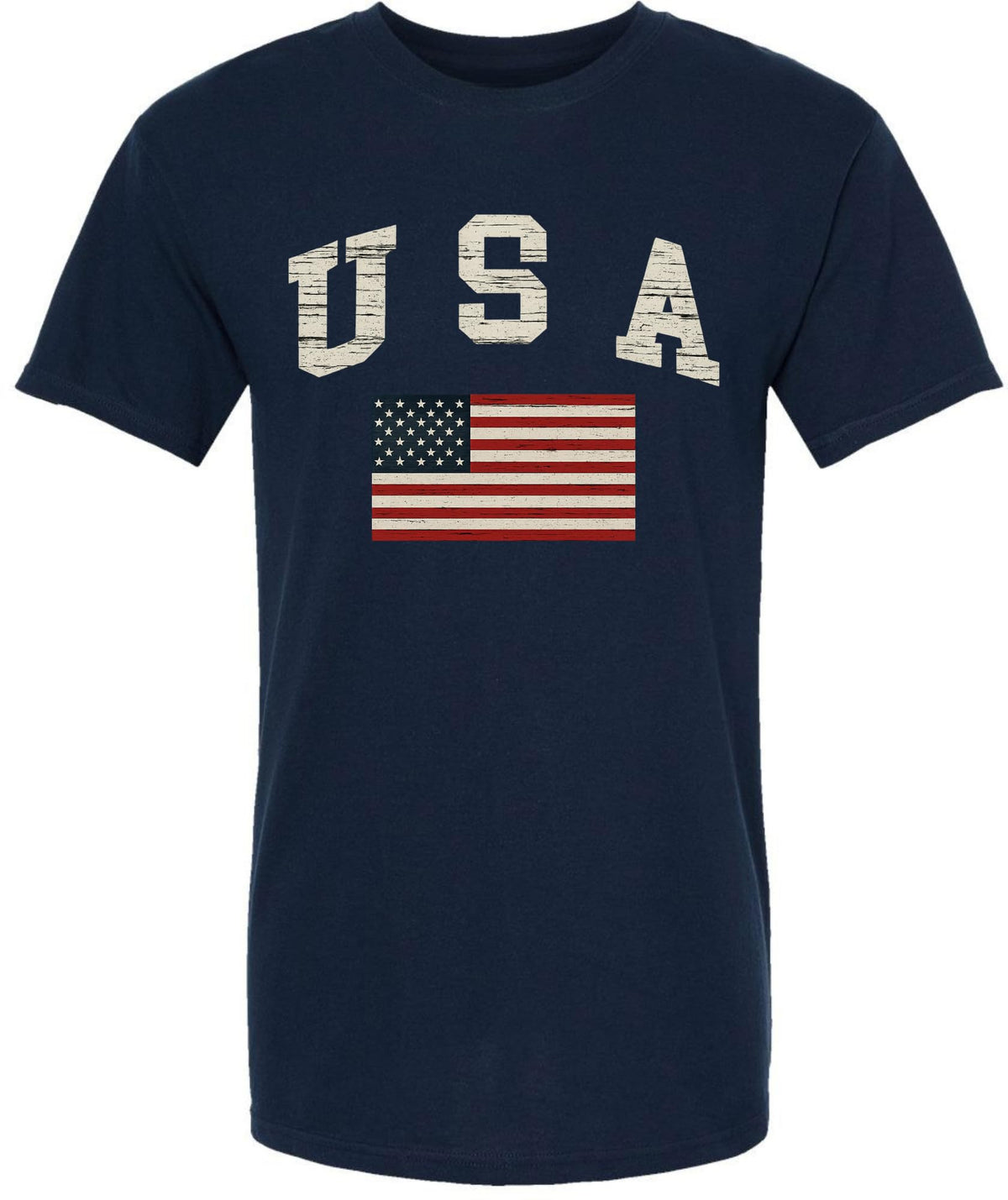 USA Text with US Red White Blue Flag T-Shirt | US Patriotic Distressed Print Tee | 100% Cotton Crewneck