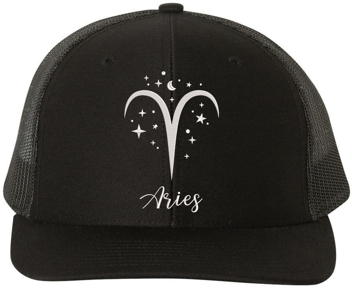 Zodiac Signs Embroidered Trucker Hat | Adjustable Snapback Astrology Horoscope Monthly Symbols Designs Mesh Cap, Black