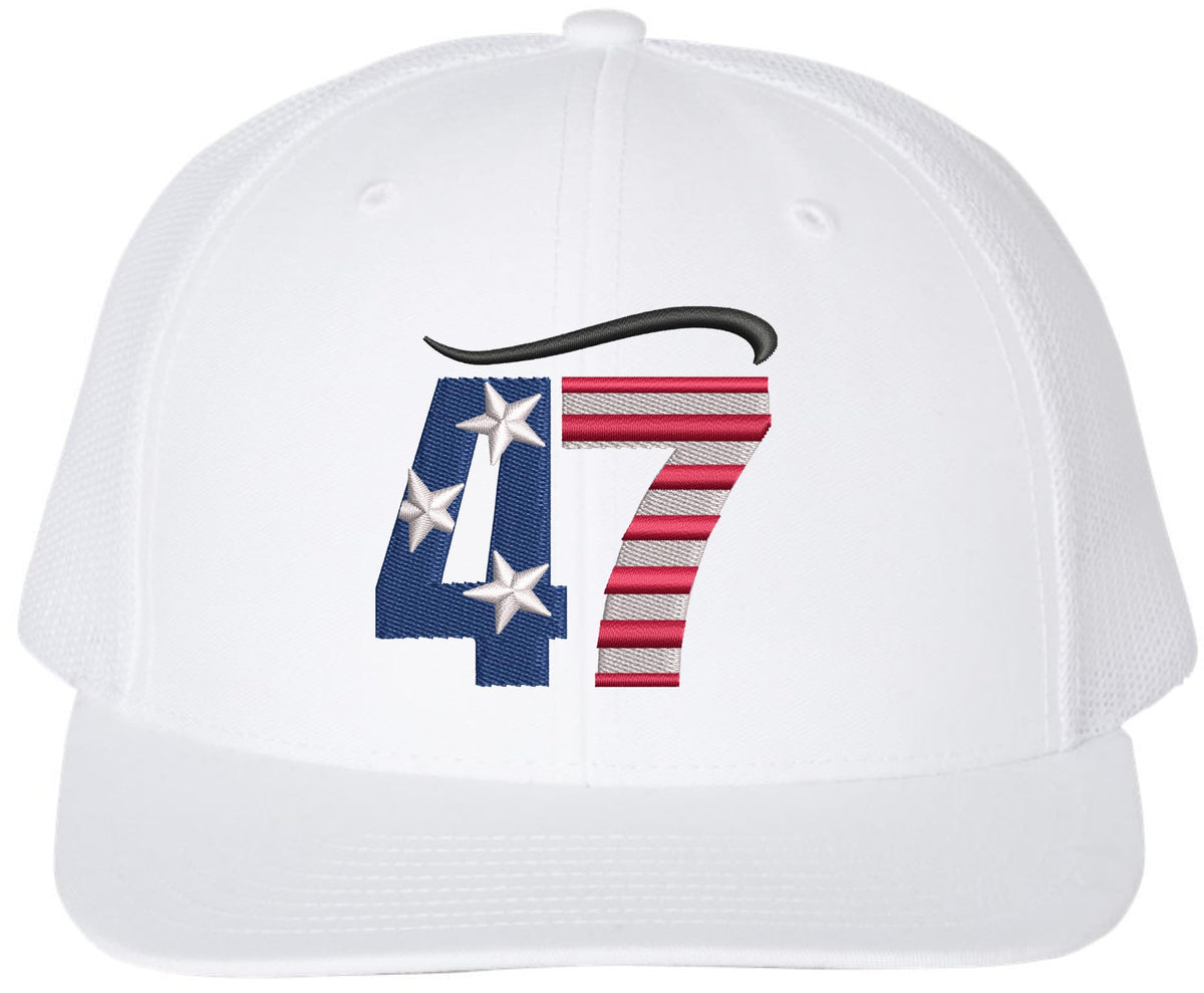47 USA Flag Hair Top Embroidered Trucker Hat | Support President American Mesh Snapback Unisex Cap
