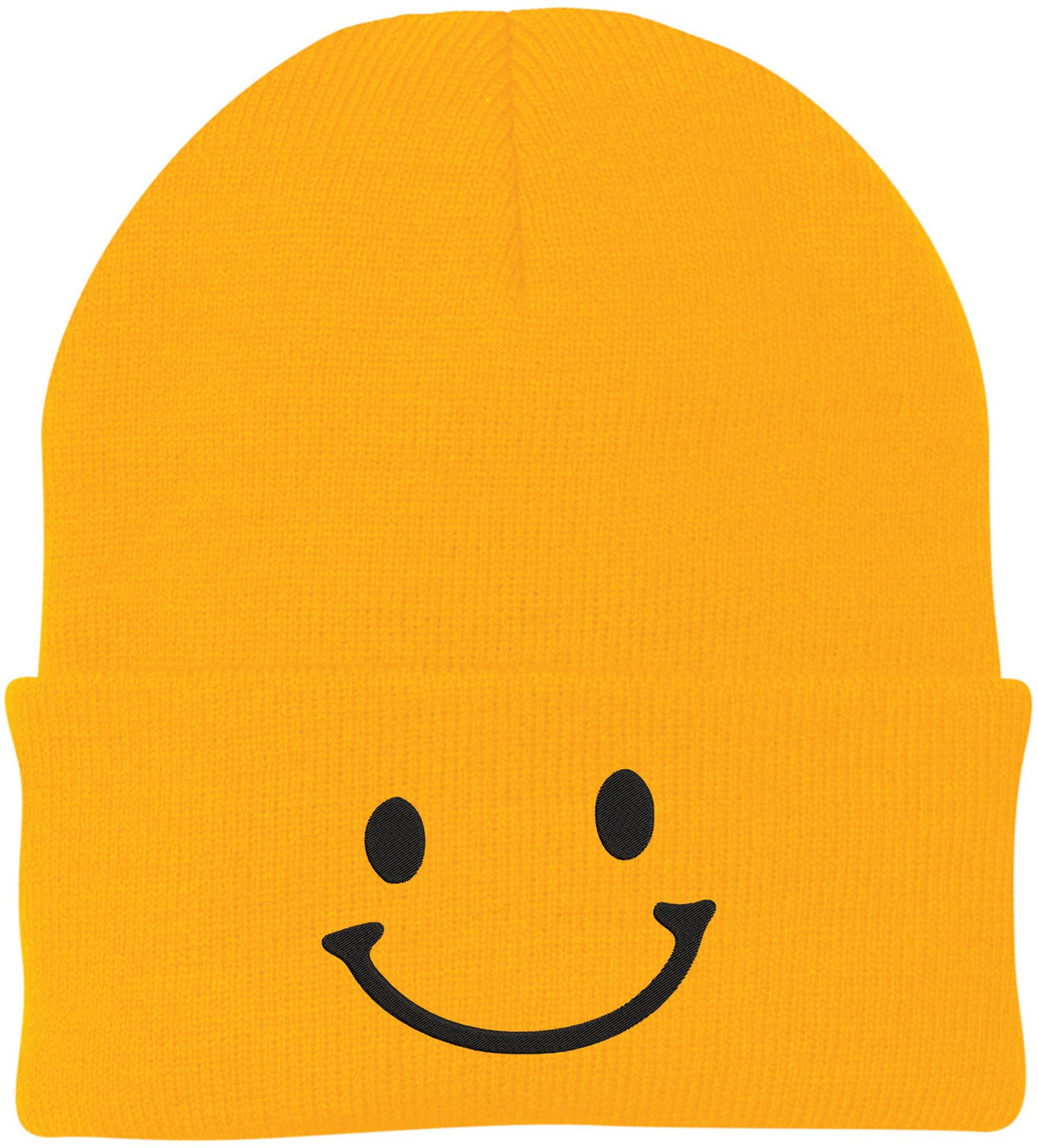 Smiley Face Outline Embroidered Beanie | Cute Knit Winter Hat | Unisex Warm Cuff Skull Cap for Men & Women