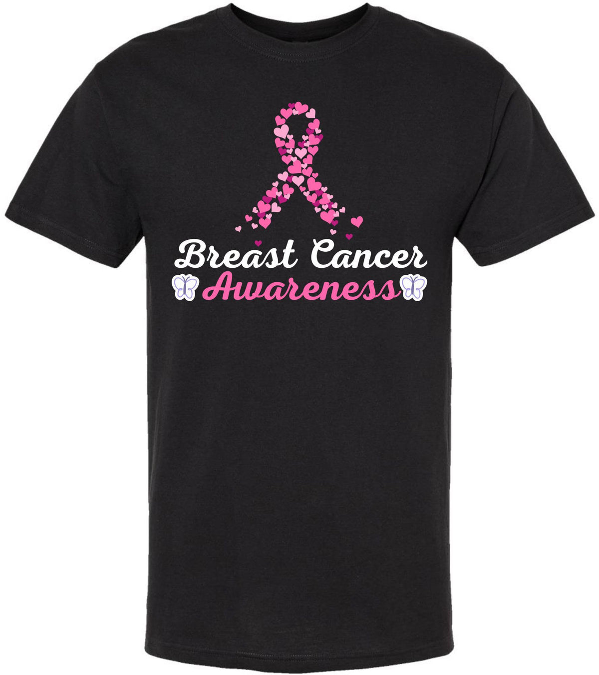 Breast Cancer Awareness Heart Love Ribbon T-Shirt | Crewneck Short Sleeve Unisex Tee, Black