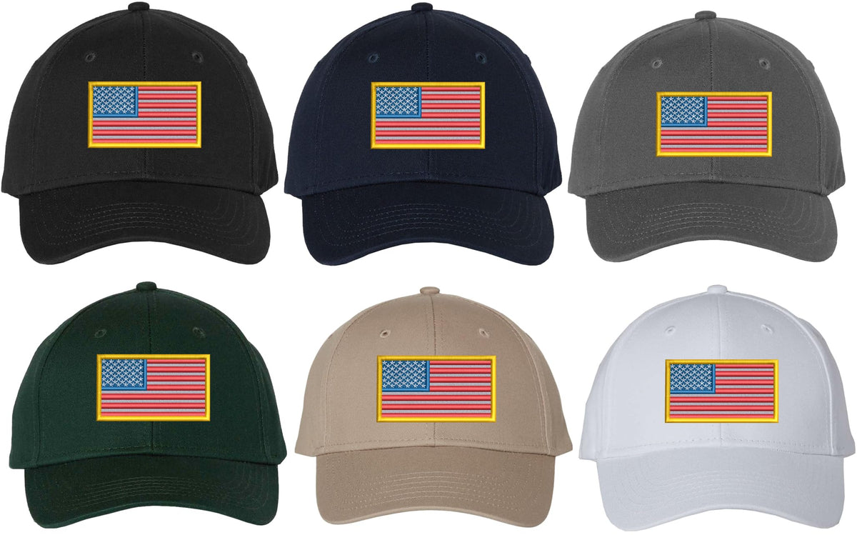 USA Flag Patch with Gold Border Embroidered Premium Hat 100% Cotton Adjustable Baseball Cap