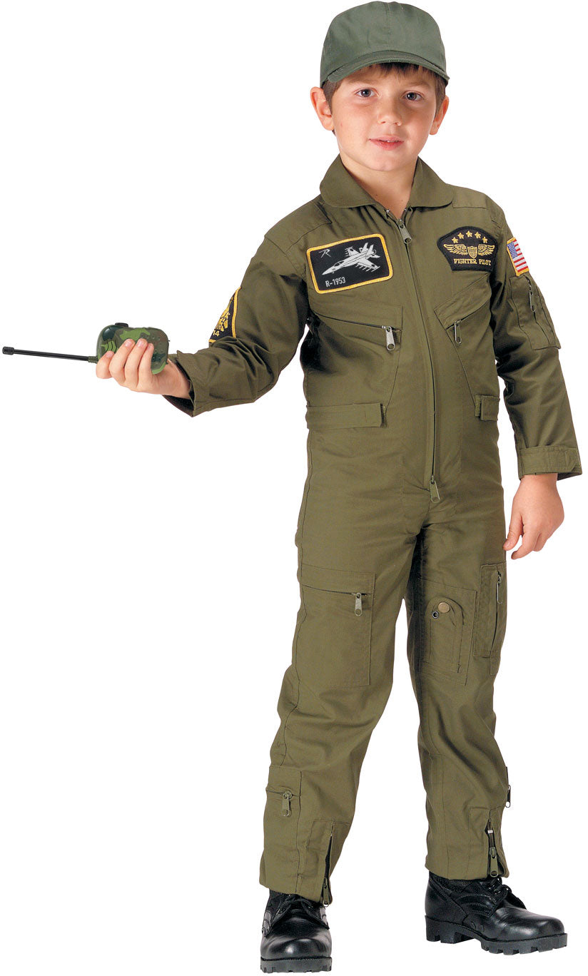 Olive Drab - Kids Top Gun Flight Coveralls with Patches