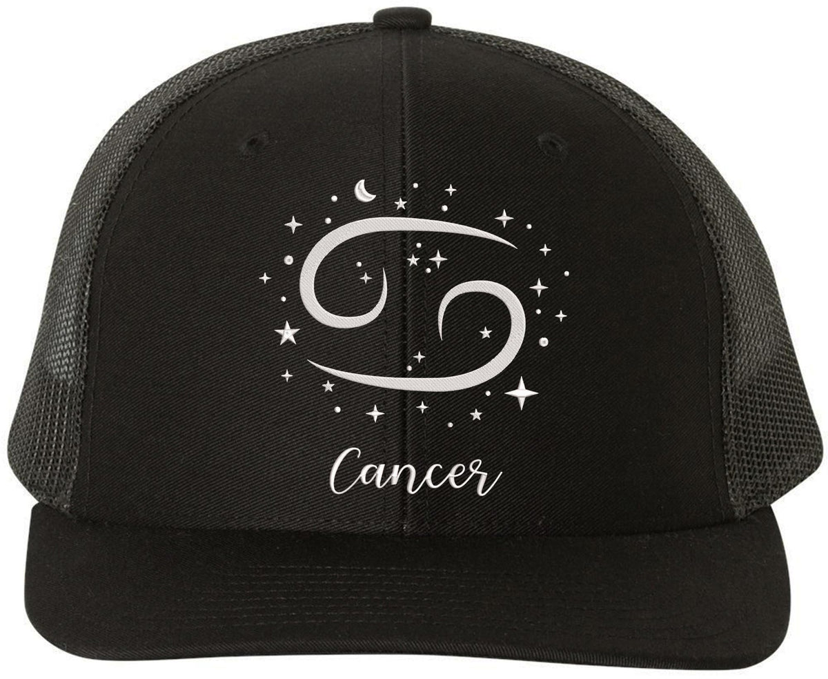Zodiac Signs Embroidered Trucker Hat | Adjustable Snapback Astrology Horoscope Monthly Symbols Designs Mesh Cap, Black