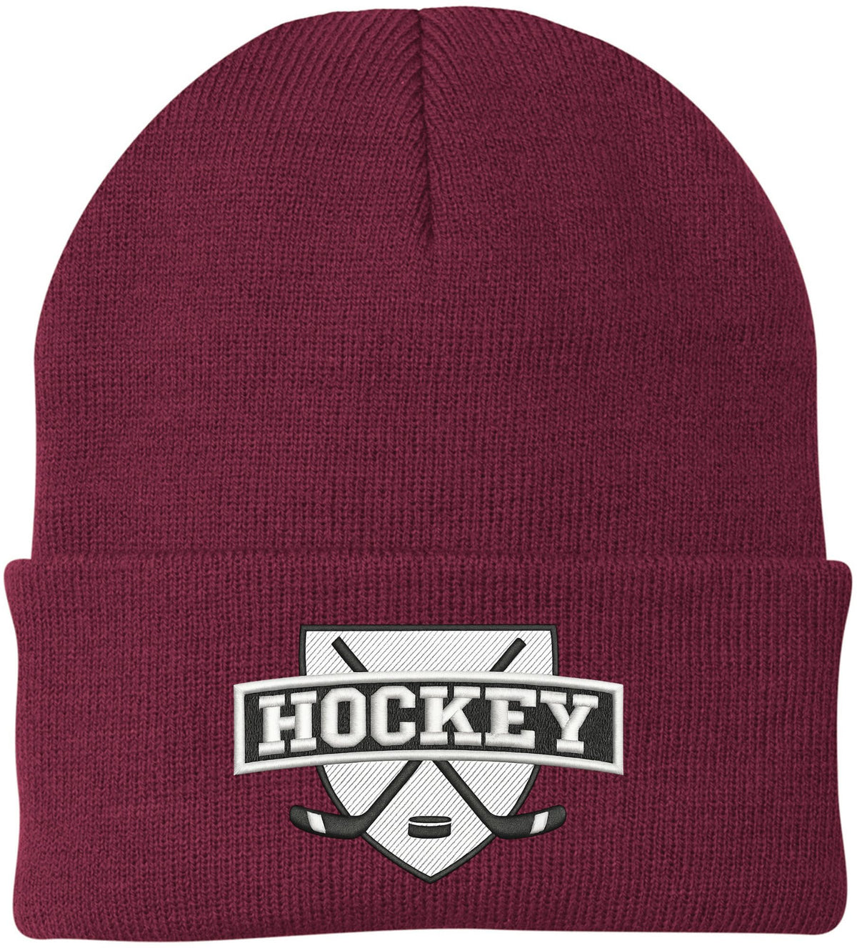 Hockey Embroidered Beanie | Winter Knit Skull Cap with Hockey Graphic | Warm Cuffed Hat for Men & Women