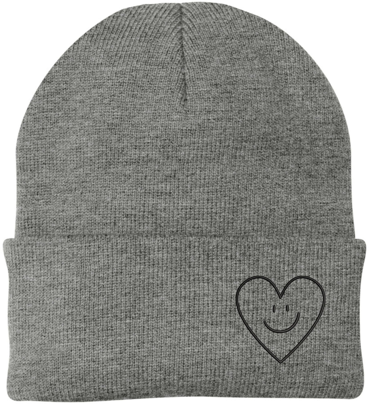 Heart Smiley Face Love Embroidered Beanie - Acrylic Knit Skull Cap