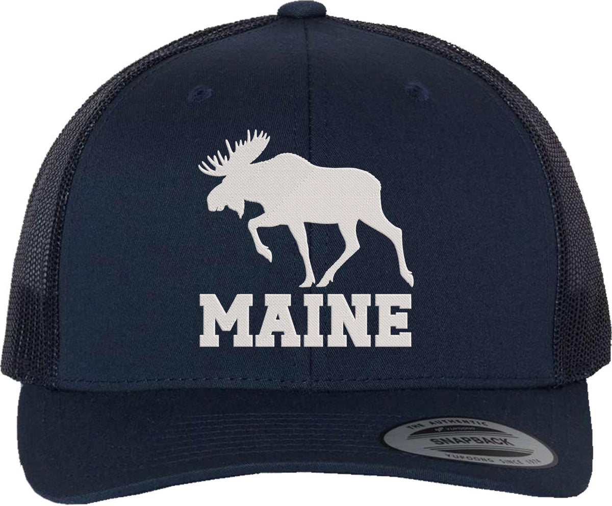 Maine Moose Embroidered Trucker Cap | Adjustable Snapback Hat | Wildlife Graphic Outdoor Adventure Headwear