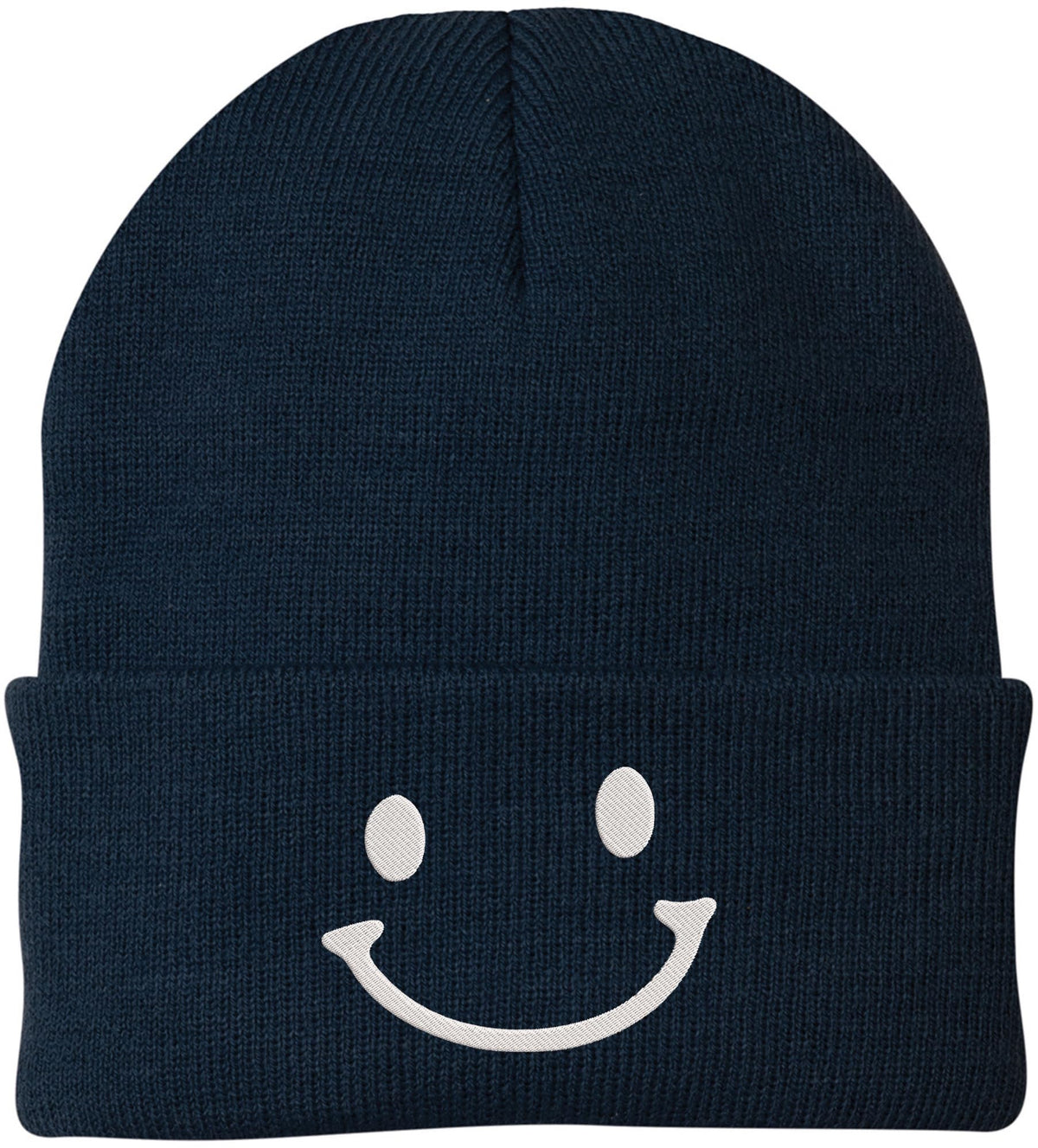 Smiley Face Outline Embroidered Beanie | Cute Knit Winter Hat | Unisex Warm Cuff Skull Cap for Men & Women