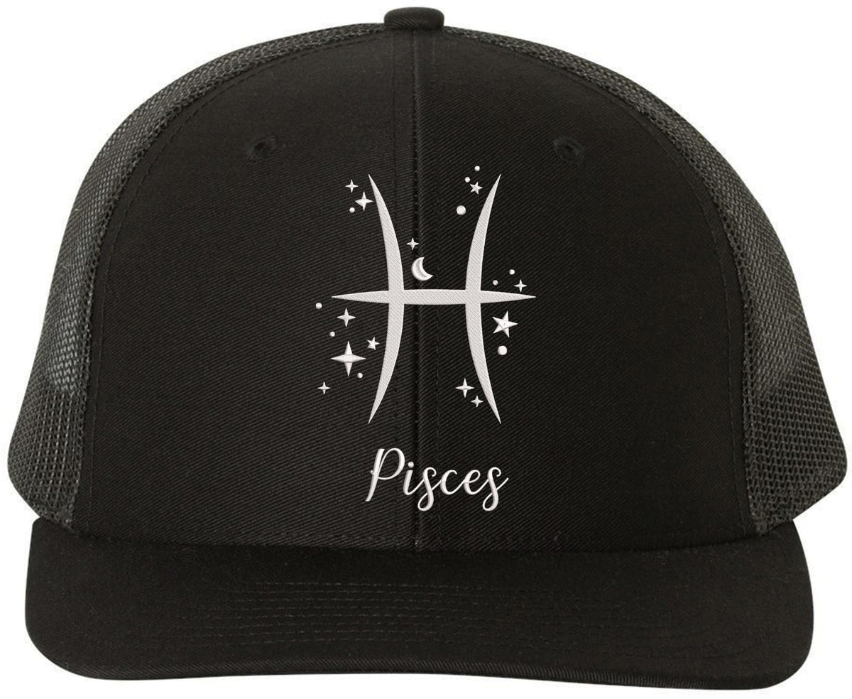 Zodiac Signs Embroidered Trucker Hat | Adjustable Snapback Astrology Horoscope Monthly Symbols Designs Mesh Cap, Black