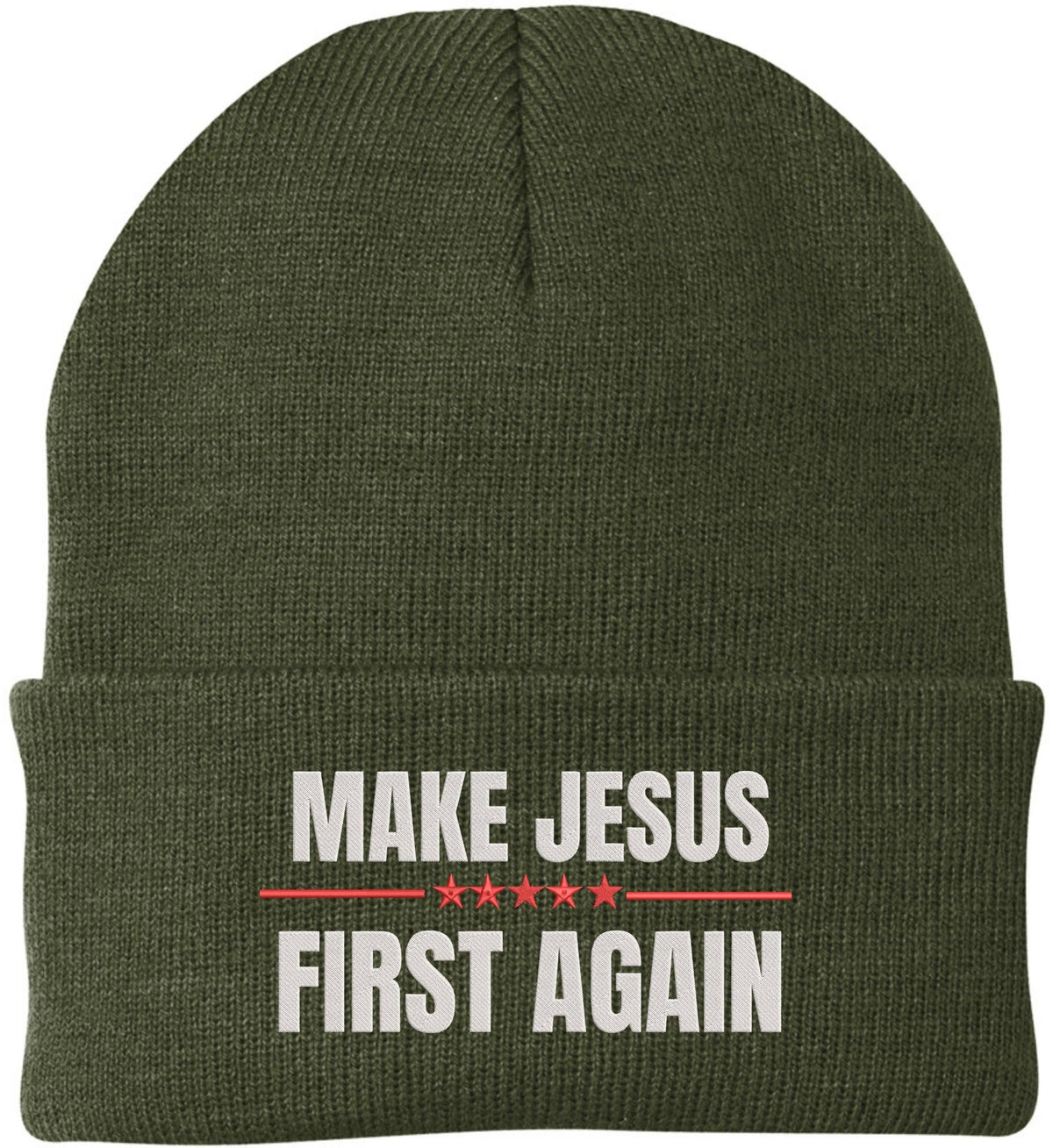 Make Jesus First Again Embroidered Beanie | MAGA Style Warm Knit Winter Skull Cap Religious Christian Hat
